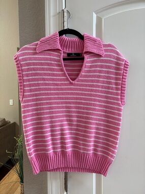 Pink Striped Sleeveless Polo Sweater Vest